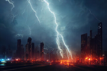 lightning over the city, thunderstorm background, 3d render, 3d illustration