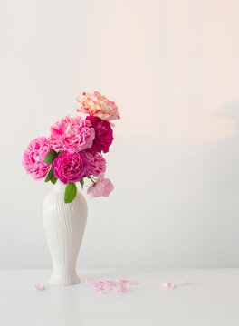 pink roses in white vase on table  on background white wall