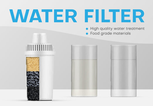 Water filter plastic container purification structure scheme promo banner realistic vector