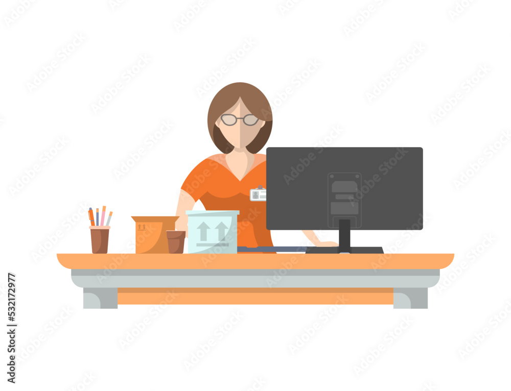 Poster Young woman sitting at office table and working on computer. Business people isolated vector illustration.