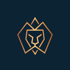 Lion logo.Wild animal line art silhouette.Gold color premium business icon isolated on dark background.Predator head.Modern, abstract geometric style.