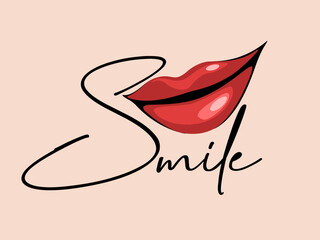 Beauty salon signature logo.Cosmetics, makeup icon isolated on light background.Beautiful smiling lips and red lipstick.Luxury,glamour style.