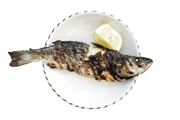 Freshly grilled fish on a plate with lemon  isolated on transparency photo png file 