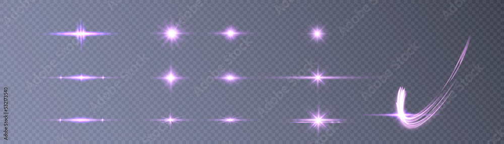 Poster set of purple horizontal highlights of abstract glowing stars and twinkles. vector.