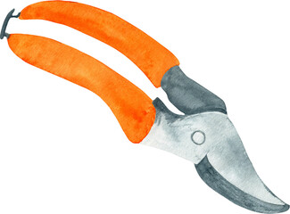 Watercolor pliers or garden scissors isolated on white background. Handle gardening tool