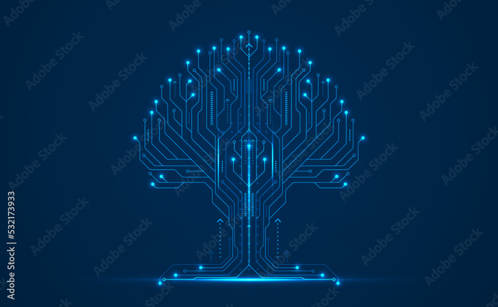 Poster technology big data tree network on blue background. digital circuit board internet connection. hi-t