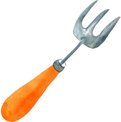 Watercolor garden tool isolated on white. Garden fork with orange handle.