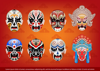 chinese traditional opera mask. Set of Chinese Opera Mask Vector Illustration.