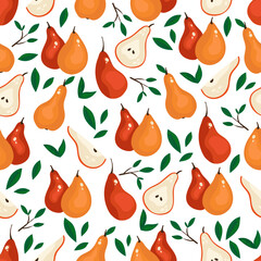 Seamless pattern with pears and leaves on a white background. Hand drawn vector. Bright background.