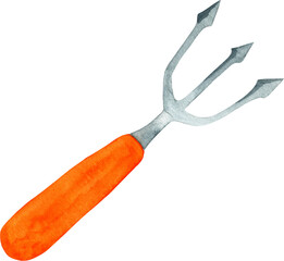 Watercolor garden fork with orange handle isolated