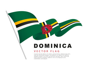 The flag of Dominica hangs on a flagpole and flutters in the wind. Vector illustration isolated on white background.