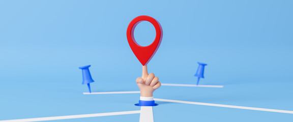 3D finger clicking internet search locator mark of map and location pin or navigation icon sign on blue background with search concept.  Digital technology. Navigation concept. 3d render illustration
