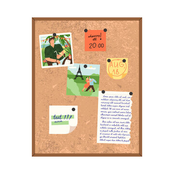 Framed cork board, dream board, note organizer with pinned photos, stickers, save-the-date sticky notes with reminders.