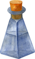 Watercolor blue glass bottle with liquid, vintage perfume bottle or chemical flask isolated. Laboratory equipment.