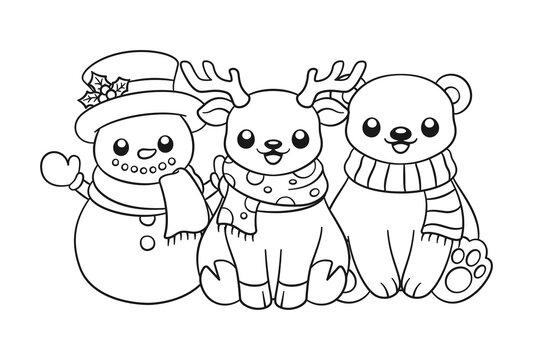 Happy snowman, reindeer and polar bear wearing scarves outline line art doodle cartoon illustration. Winter Christmas theme coloring book page activity for kids and adults.