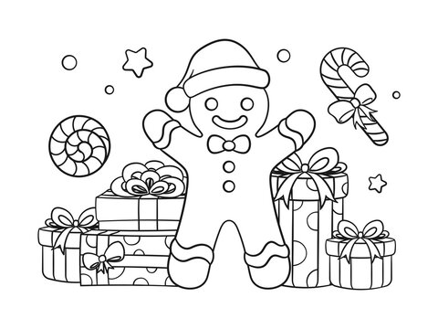 Gingerbread man with gift boxes and peppermint candy cane outline line art doodle cartoon illustration. Winter Christmas theme coloring book page activity for kids and adults.