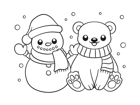 Snowman and polar bear wearing a scarf outline line art doodle cartoon illustration. Winter Christmas theme coloring book page activity for kids and adults.