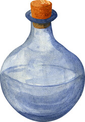 Watercolor vintage blue glass bottle with a cork isolated. Chemical flask.