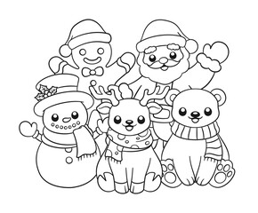 Santa Claus, Gingerbread man, snowman, reindeer, polar bear outline line art doodle cartoon illustration. Winter Christmas theme coloring book page activity for kids and adults.