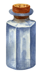 Watercolor blue grey glass bottle of perfume with a cork isolated. Empty glass vintage container.