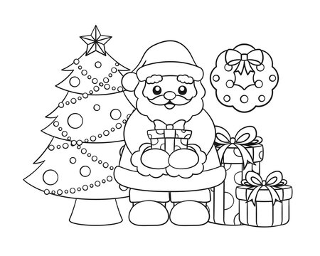 Santa Claus With Gifts, Wreath And Christmas Tree Outline Line Art Doodle Cartoon Illustration. Winter Christmas Theme Coloring Book Page Activity For Kids And Adults.