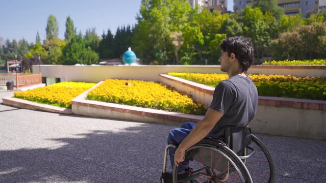 Disabled young man sitting in a wheelchair in the park.
Young physically disabled man in his wheelchair strolls through the park.

