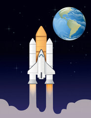 Space rocket flying in the open space vector illustration with stars and planet Earth on background