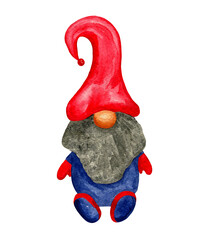 Watercolor cute bearded cartoon gnome in red hat 