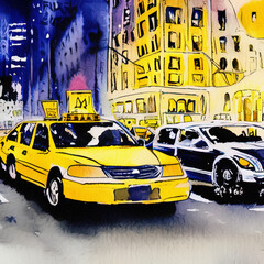 Watercolor hand drawn illustration of street view in New York at night, people at street walking, yellow taxi. Manhattan watercolor drawing, print template, poster, greeting card