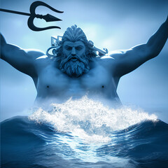 3d graphic illustration of greek god of sea poseidon or neptune as big figure standing up from the sea and holding his weapon trident - obrazy, fototapety, plakaty