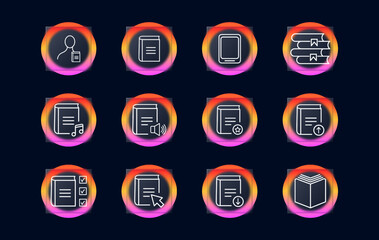 Books set icon. Knowledge, stack, bookmarks, checkmarks, man, electronic, star, education, audiobook, note, volume, cursor, download. Learning concept. Glassmorphism style. Vector line icon
