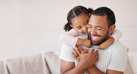 Kid hugging dad in lounge for happy fathers day, love and care while relaxing, bonding and funny play at home. Mockup with excited girl child, smile parent man and laughing family happiness together - obrazy, fototapety, plakaty