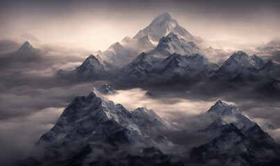 View of the Himalayas during a foggy sunset night - Mt Everest visible through the fog with...
