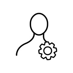 Man with gear line icon. Setting, configuration, reminder, installation, tuning, alinement. Setup concept. Vector black line icon on a white background