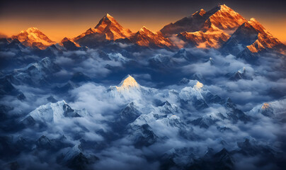 View of the Himalayas during a foggy sunset night - Mt Everest visible through the fog with dramatic and beautiful lighting