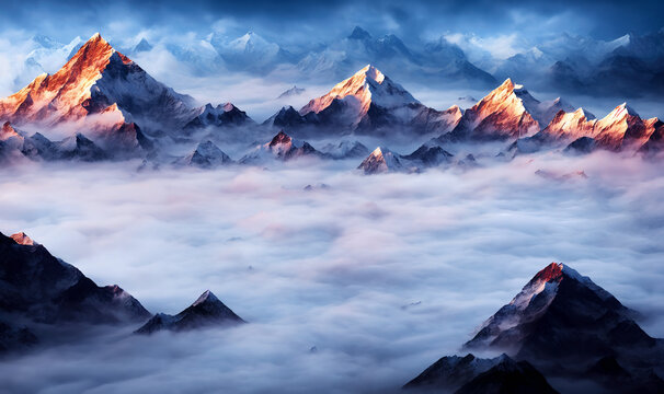 View of the Himalayas during a foggy sunset night - Mt Everest visible through the fog with dramatic and beautiful lighting