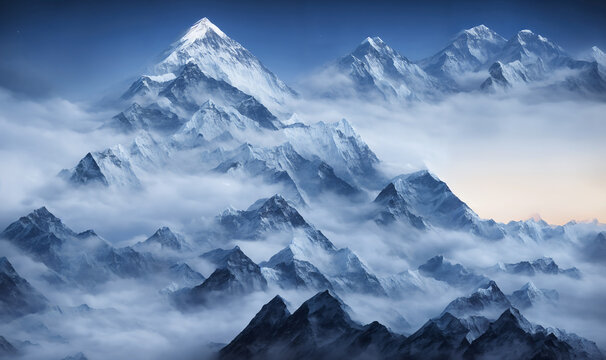 View of the Himalayas during a foggy sunset night - Mt Everest visible through the fog with dramatic and beautiful lighting