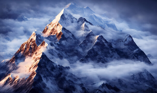 View of the Himalayas during a foggy sunset night - Mt Everest visible through the fog with dramatic and beautiful lighting