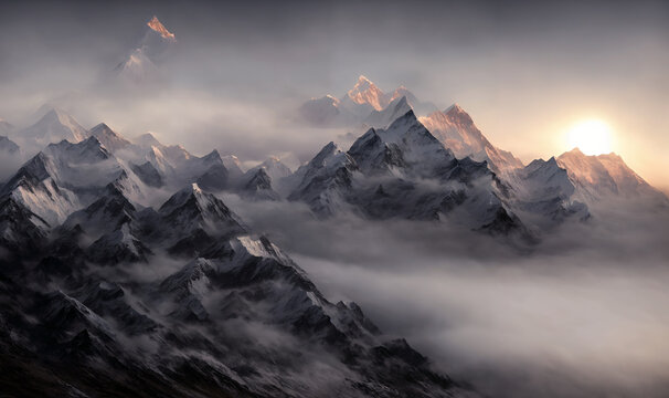 View of the Himalayas during a foggy sunset night - Mt Everest visible through the fog with dramatic and beautiful lighting