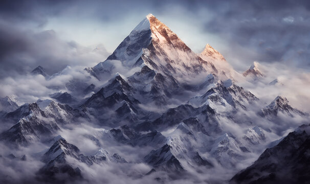 View of the Himalayas during a foggy sunset night - Mt Everest visible through the fog with dramatic and beautiful lighting