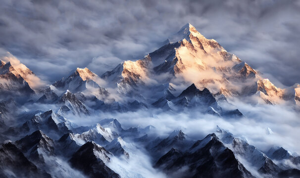 View of the Himalayas during a foggy sunset night - Mt Everest visible through the fog with dramatic and beautiful lighting