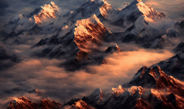 View of the Himalayas during a foggy sunset night - Mt Everest visible through the fog with dramatic and beautiful lighting