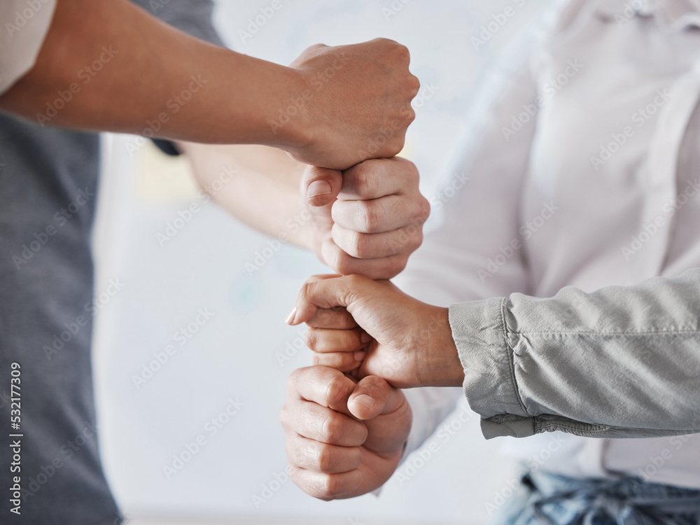 Poster hand, teamwork and collaboration with the hands of business people working as a team or group in the