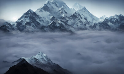 View of the Himalayas during a foggy sunset night - Mt Everest visible through the fog with dramatic and beautiful lighting - obrazy, fototapety, plakaty