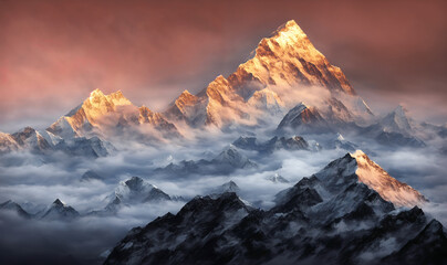 View of the Himalayas during a foggy sunset night - Mt Everest visible through the fog with dramatic and beautiful lighting - obrazy, fototapety, plakaty