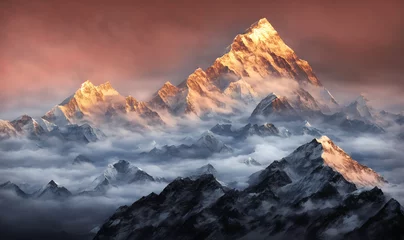 Papier Peint photo Everest Vue sur l& 39 Himalaya pendant une nuit brumeuse au coucher du soleil - Mt Everest visible à travers le brouillard avec un éclairage spectaculaire et magnifique