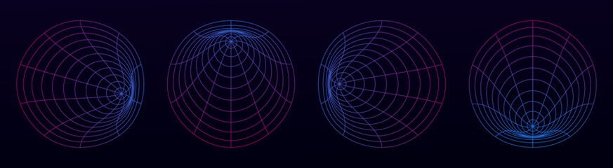Retrofuturistic collection of round cyber shapes. Wireframe ellipse shapes. Vector illustration