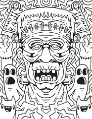 Fototapeta na wymiar Halloween Frankenstein doodle coloring page