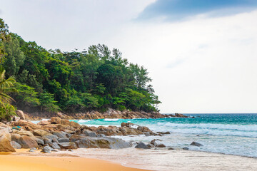 Naithon Beach bay panorama with turquoise clear water Phuket Thailand.