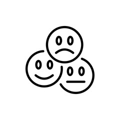 Emoticon set icon. Sadness, crying, love, laughter, surprise, tongue, anger, consternation, startle, distempered emotion, feeling, emoji. Mood concept. Vector black line icon on a white background